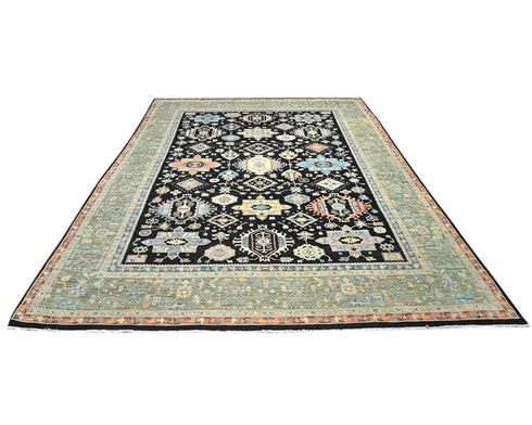 12x15 Feet Ziegler Black Green Afghan Hand Knotted Wool Area Rug
